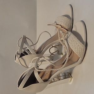 White Mirrored Block Heels with Wrap Up Lacing